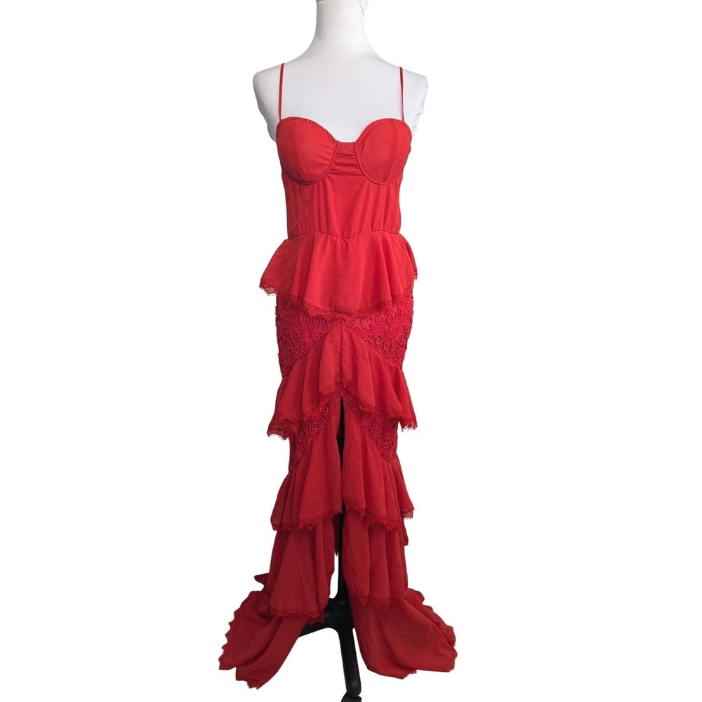 Majorelle Revolve Dress Tiered Ruffle Lace Maxi Front Slit Romantic Sexy Size M‎
